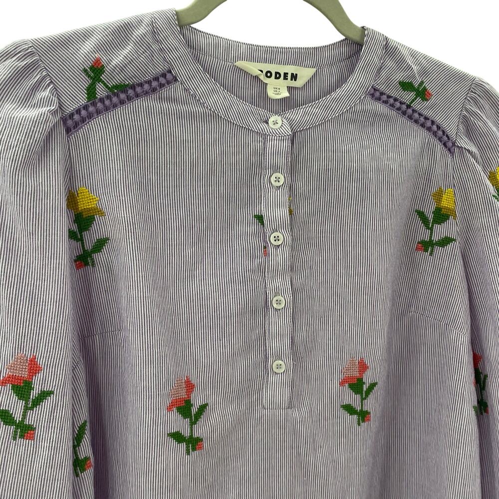 Boden Embroidered Trim Interest Top Purple Stripe Embroidery 4 - Picture 7 of 12